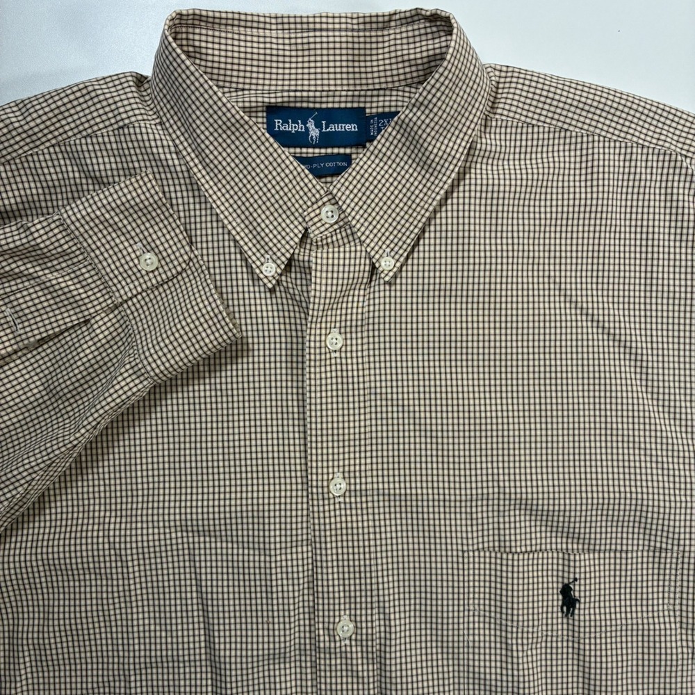Ralph Lauren Button Down Shirt 2XLT Tall Tan Yellow Micro‎ Check Oxford